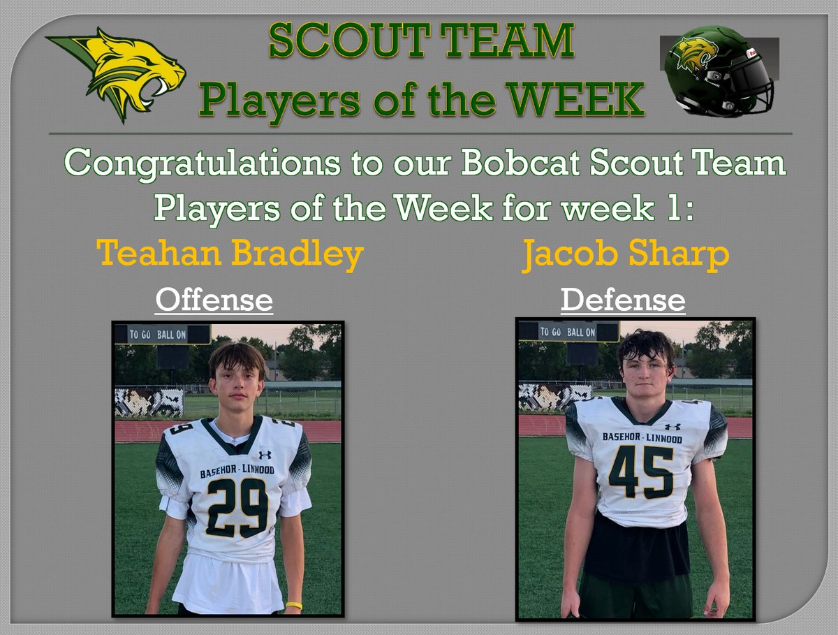 BobcatFB's tweet image. Congratulations to our week 1 Scout Team Players of the Week; Soph WR Teahan Bradley and Soph LB Jacob Sharp! #OneVision #HTF