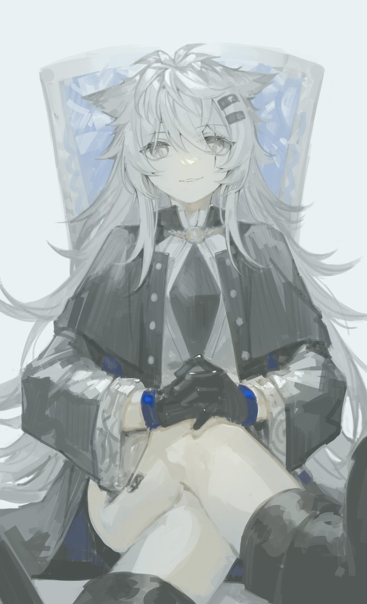 lappland (arknights) 1girl solo crossed legs gloves animal ears sitting long hair  illustration images