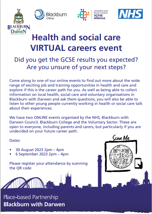 Now that the GCSE results have been shared, here is a great event being held on MS Teams with the Blackburn and Darwen Place Based Partnership, for anyone who may be looking for a route into healthcare. 
The event is for parents as well as school leavers and is free for all!
😀