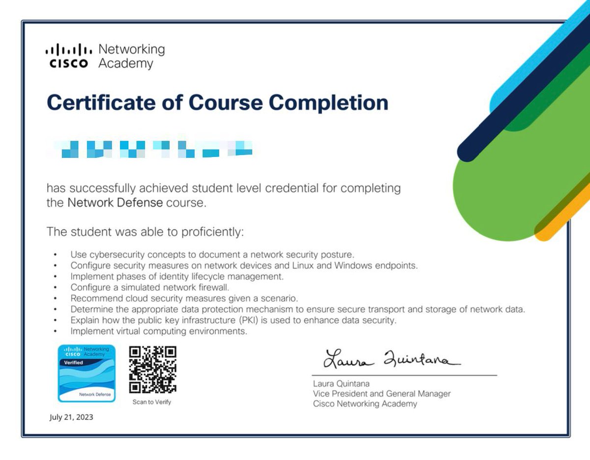 I can share this with you, When you truly dedicate your mind to a goal, you will undoubtedly achieve it.

6 courses: 

• Introduction to cybersecurity 
• Cybersecurity Essentials 
• CyberThreat Management 
• Cloud Security 
• Network Defense 
• Endpoint Security 

4 Badges…