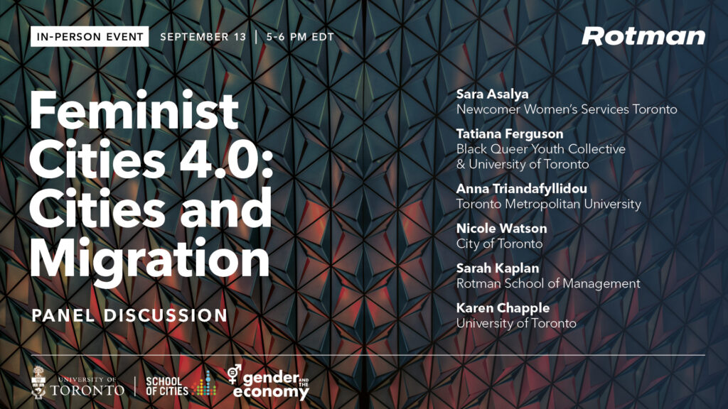Join us and <a href="/GenderEconomy/">Institute for Gender and the Economy</a> on Sept 13 @ 5 PM ET for the fourth installment of the #FeministCity series! It'll be a spirited discussion about how #Women’s participation in the #Economy affects the livability of our #Cities and more! Register now: schoolofcities.utoronto.ca/event/feminist…