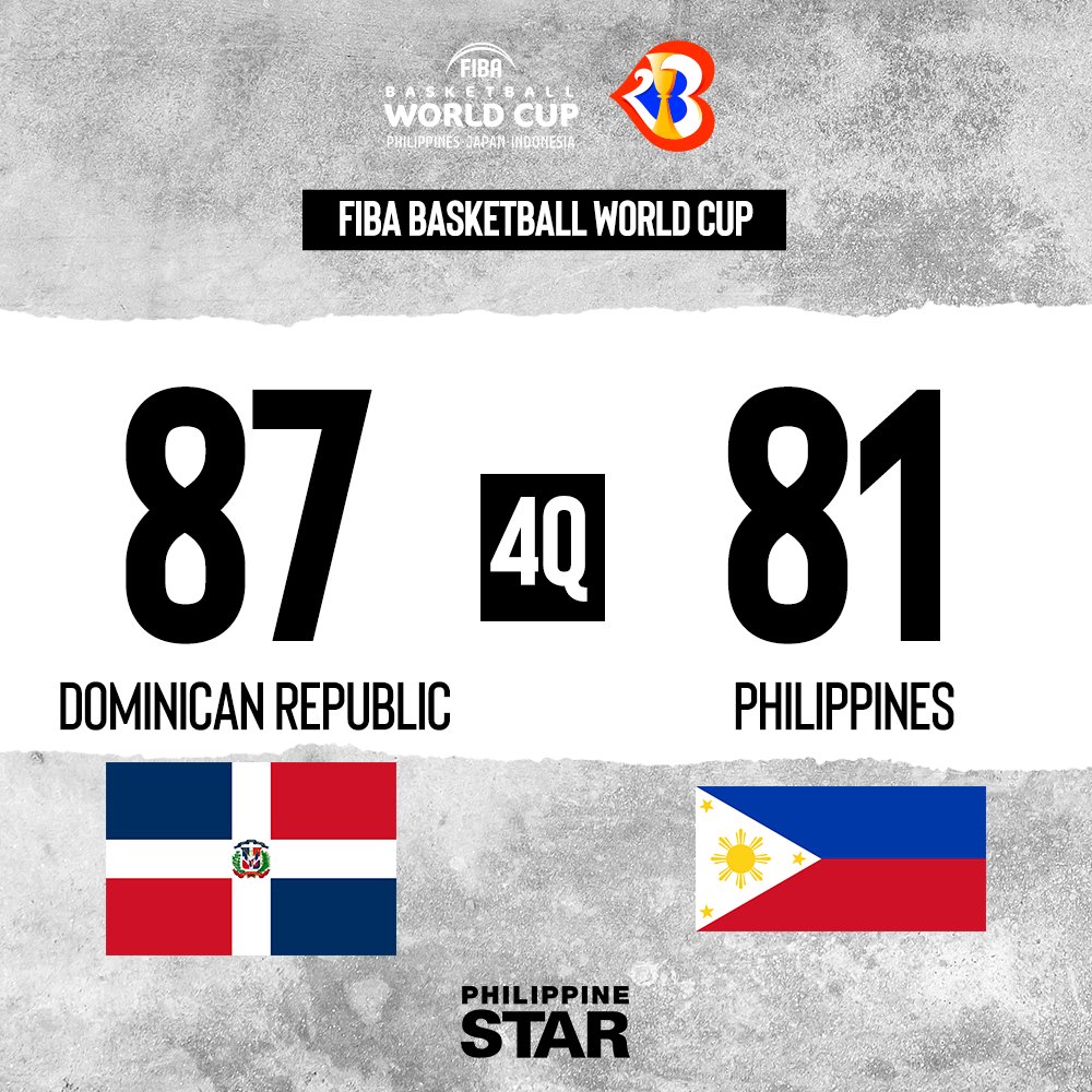 ANG MAHALAGA AY LUMABAN! PUSO! 💙💪

Dominican Republic defeats Gilas Pilipinas, 87-81, after an intense match at the FIBA Basketball World Cup in the Philippine Arena on Friday. #FIBAWC #WinForAll