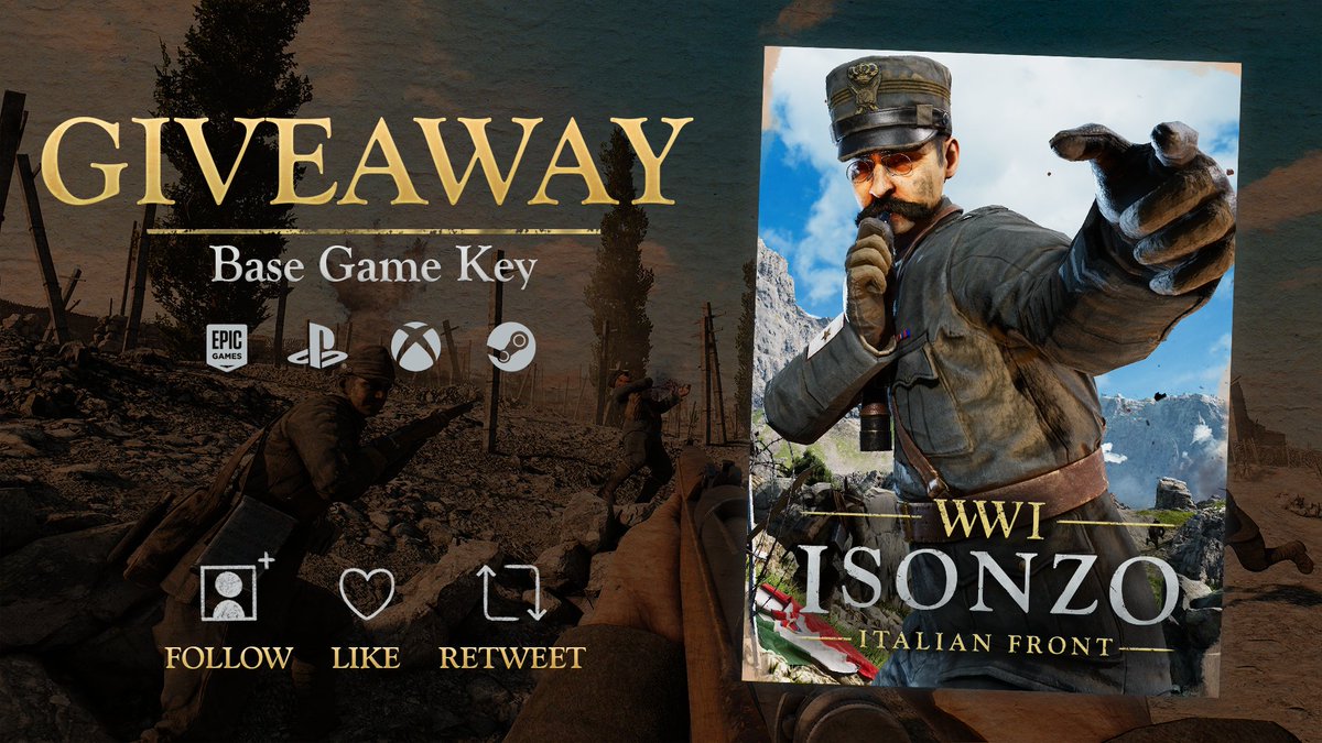 WW1GameSeries's tweet photo. 🎁 Giveaway 🎁 

Participate in our giveaway over the weekend and maybe you'll find an Isonzo gamekey!

#WW1 #Isonzo #giveaway https://t.co/Jjd7W6ssca