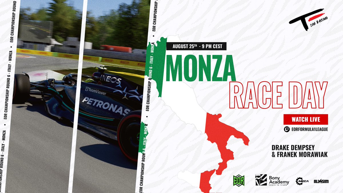Tomas_ENGE_SIM's tweet photo. The temple of speed 🏎️💨
Our team is heading to the Italy for the next round  of the @EORFormula1 Championship on Monza 🇮🇹 

Come to support @DrakeDempsey72 and @franekmorawiak on live stream✌️
⏰ 9PM CEST 
📺 https://t.co/VOEe4u70qo

#bonyacademy #coinfycryptotrading #all4sim #mecasimhardware #f123game #f123 #simracing