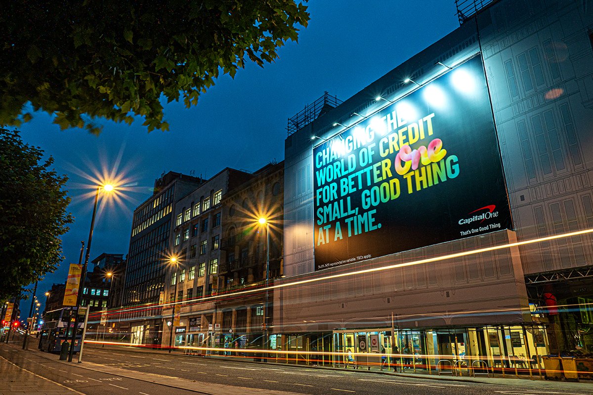 maximusmaximise's tweet photo. Our city centre mega banner brought @capitalone creative to life, bringing one big, good thing at a time.

#OOH #outofhome #advertising #megabanner https://t.co/4S7bqnZtC8