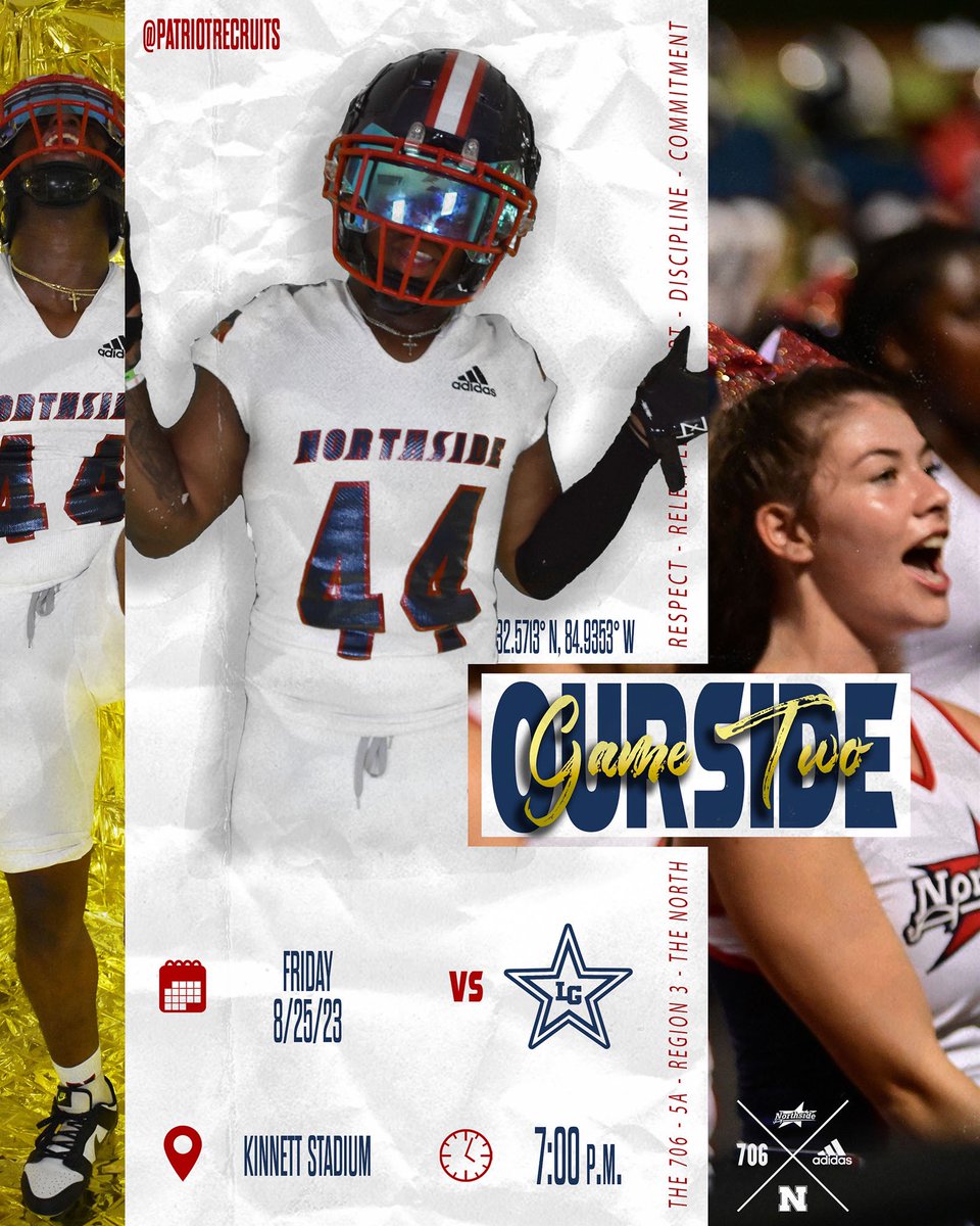 PatriotRecruits's tweet photo. 🏈: Game Two
🆚: LaGrange HS
🗓️: August 25th, 2023
⏰: 7:00 Kickoff
📍: Kinnett Stadium

#OURside 

@RecruitGeorgia @BigFaceSportss @DC_Sports_706 @DCoverage17 @jwindon35 @northside_pats @WRBLSports @wrblnews3 @wtvmsports @WTVM @NFHSNetwork @MaxPreps https://t.co/YWbBpPQ3Lt
