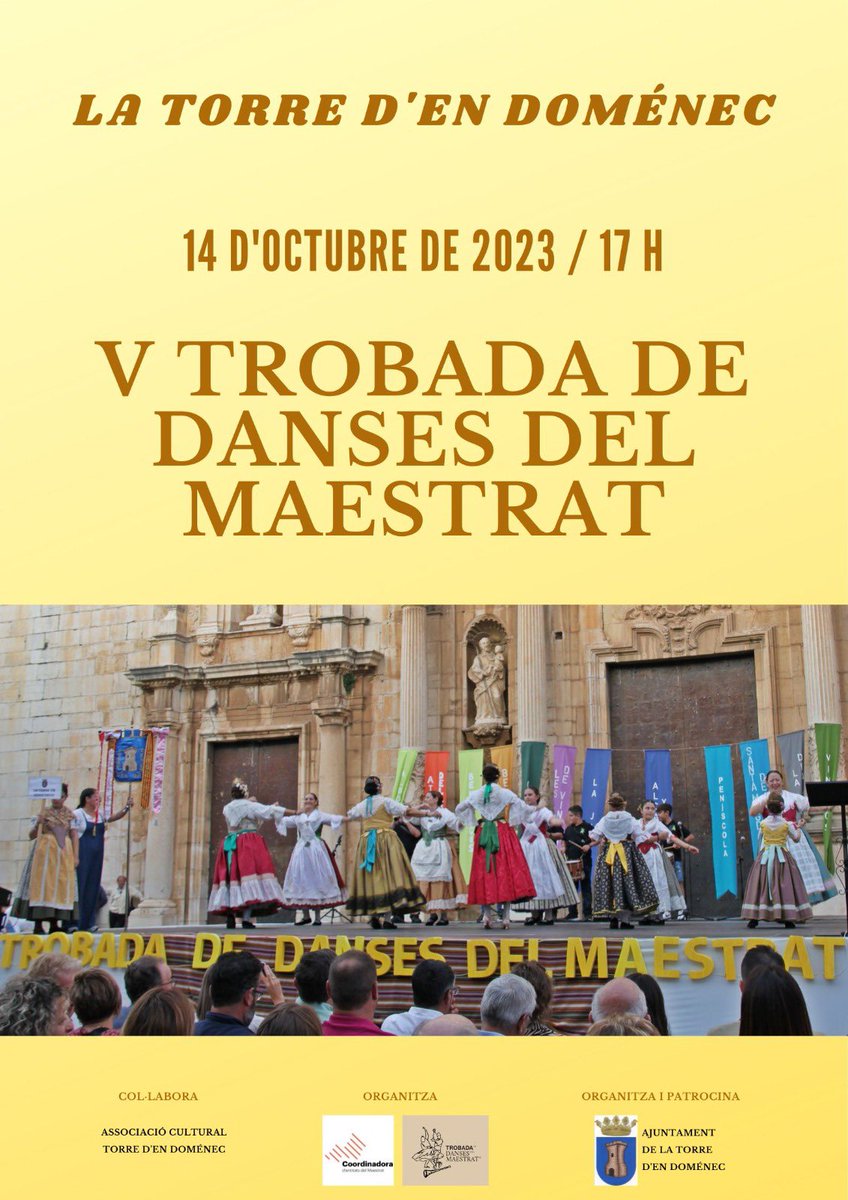 5a Trobada de danses del Maestrat, a la Torre d’en Doménec, dissabte 14 d’octubre de 2023, a les 17h. Organitza: <a href="/coordmaestrat/">coordinadora d'entitats del Maestrat</a> i Ajuntament de la Torre d’en Doménec, amb la col·laboració del Grup de danses de la Torre d’en Doménec. Patrocina: Ajuntament de la Torre d’en Doménec.
