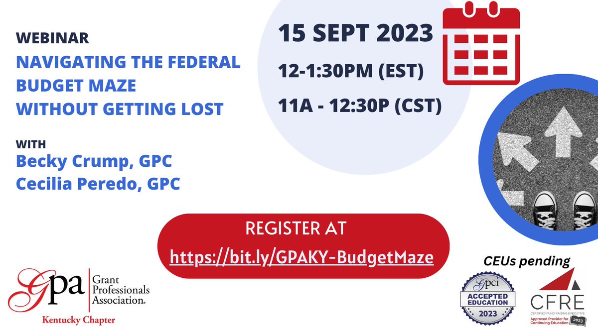 Confused about the federal budget process?  Want to know how an understanding of the process can help you develop your grant strategy?

JOIN US on September 15th to learn how to Navigate the Federal Budget Maze Without Getting Lost.

Register at bit.ly/GPAKY-BudgetMa…