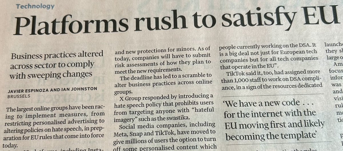 In today’s @FT - Meta & TikTok each have 1,000 staff working on new EU Reg requirements for big platforms #DSA