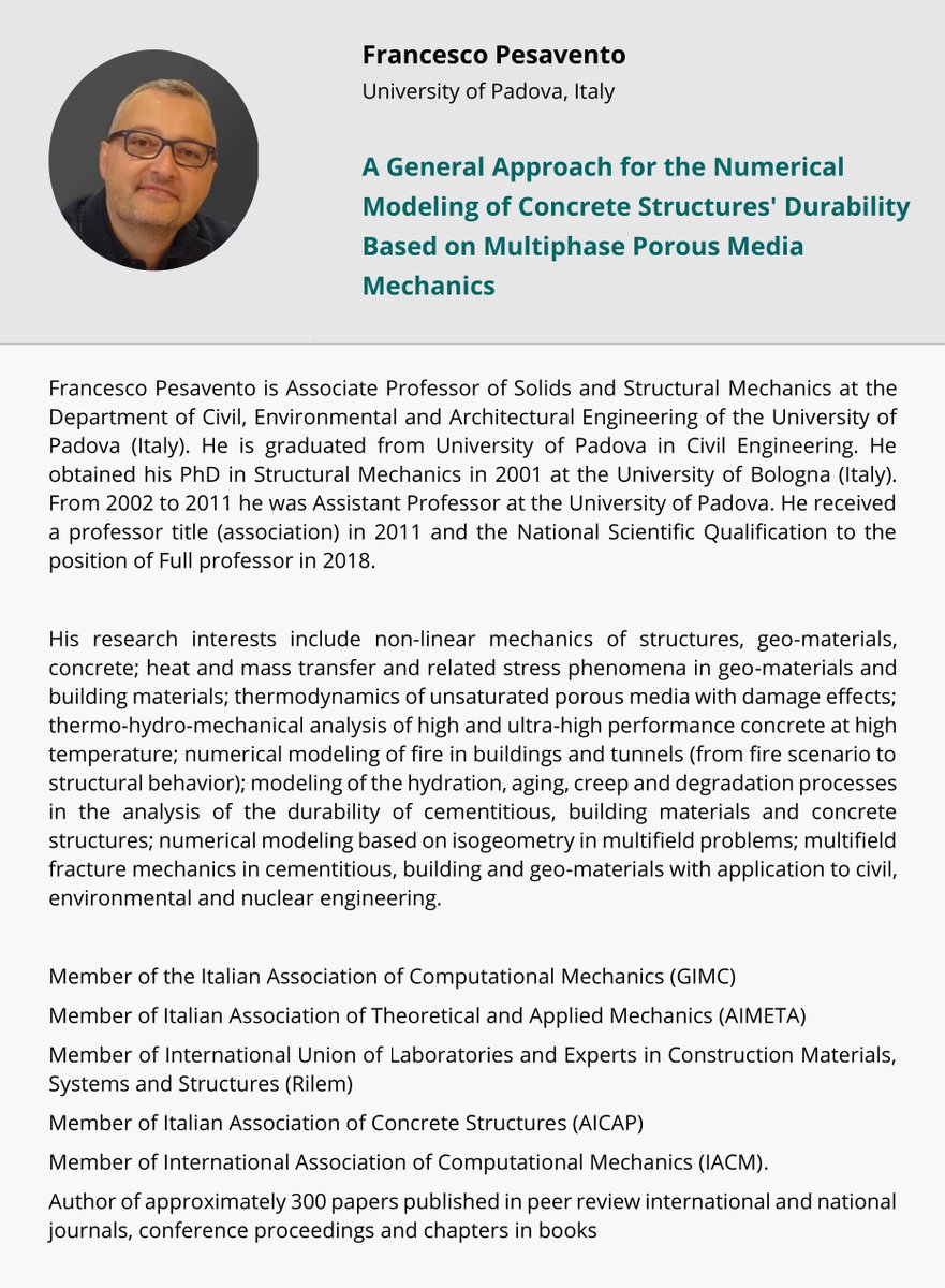 AMCM20240626's tweet image. 🤝 Lets read more about our Keynote Lecturer- Francesco Pesavento from  University in Padova in Italy.
🏗️11th International Conference AMCM 2024
🎰June 26-28, Łódź, Poland
✍️Submit your abstract! Deadline: the 1st of September 2023
#AMCM2024 #keynotelectures #concrete #masonry