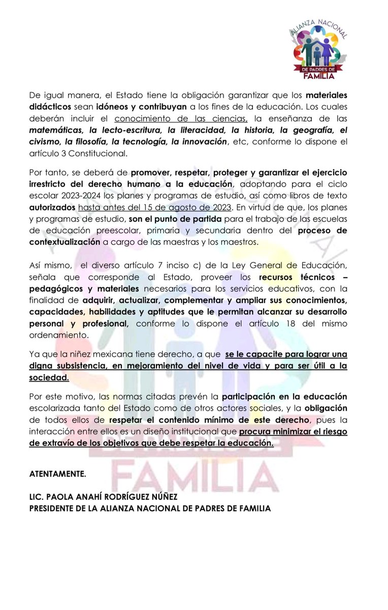 AlianzaPadVer's tweet photo. POSICIONAMIENTO DE "LA ALIANZA NACIONAL DE PADRES DE FAMILIA", EN RELACIÓN A LOS NUEVOS LIBROS DE TEXTO GRATUITO

#LevantaTuVoz
#PorLaVidaYLaFamilia
#LibrosDeTexto https://t.co/b4OkahlW95