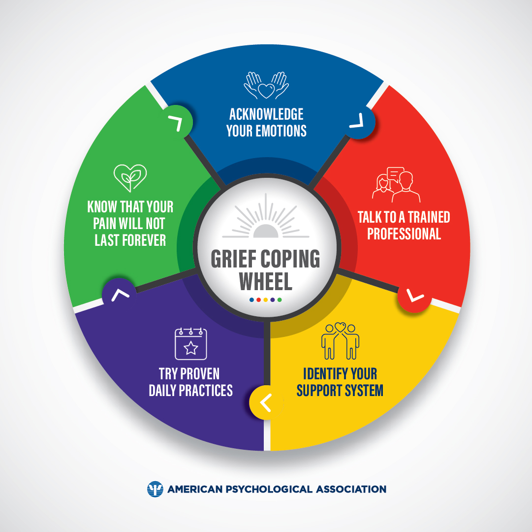 APA's tweet photo. Ahead of @DrThema’s IG Live talks this #GriefAwarenessDay (8/30), check out APA’s new Grief Coping Wheel.

There isn’t just one way to grieve. Which of these strategies have you used to reclaim your power and peace after loss? Share in the comments! https://t.co/MunRAbrf5g