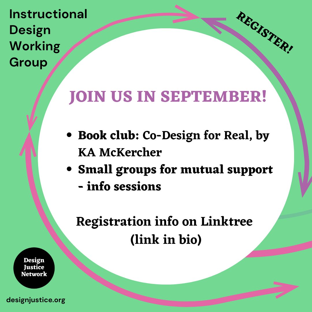 This fall we're excited to host 2 opportunities to gather & learn about the practice of #instructionaldesign & #designjustice: a book club discussion of Beyond Sticky Notes, and small groups for mutual support. More info in comments & on Linktree: linktr.ee/DJNIDs