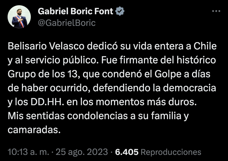 🔴 El Presidente @GabrielBoric se refiere al reciente fallecimiento del exministro Belisario Velasco.