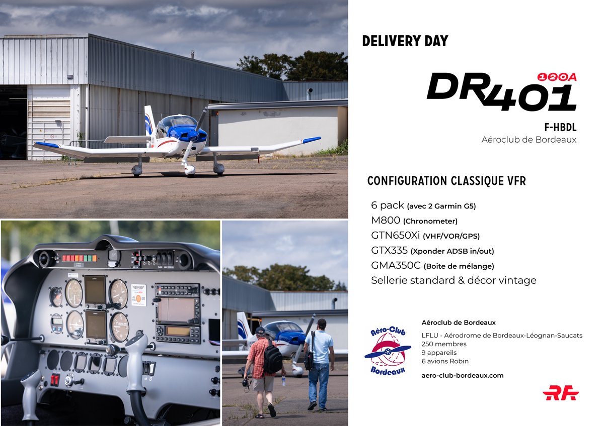 Delivery Day - 27 juillet 2023
Livraison d'un #DR401-120A pour l'Aéroclub de Bordeaux. Un grand merci à cet aéroclub pour leur confiance !
Bons vols au F-HBDL 🛫
#aviationlégère #passionaviation #aviationcommunity #robinaircraft #aeroclub #aeronautique #aviationlovers
