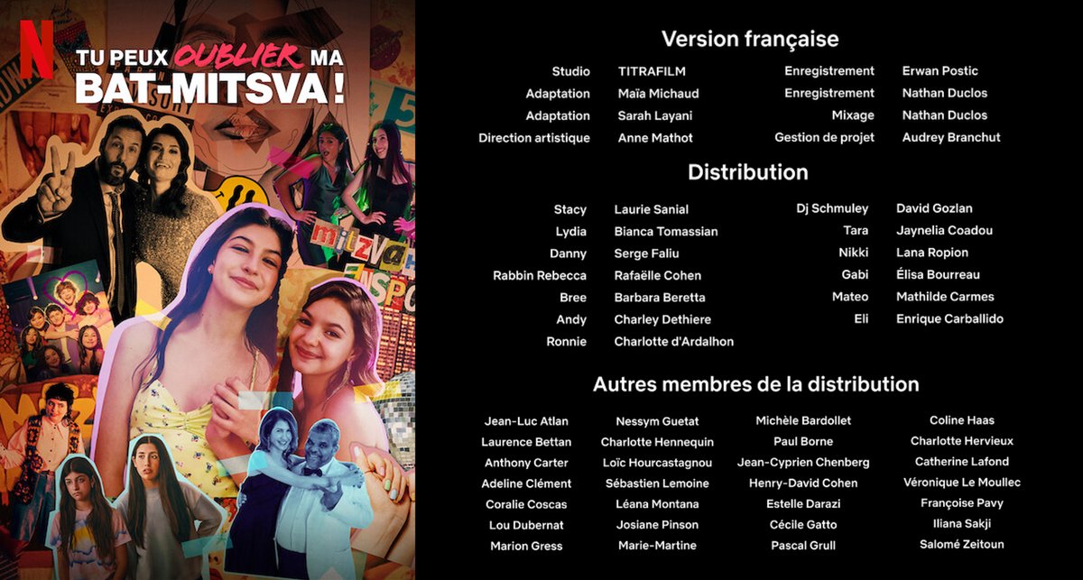 Carton de doublage du film "Tu peux oublier ma bat-mitsva" sur Netflix dirigé par Anne Mathot

Avec <a href="/BiancaTomassian/">Bianca tomassian</a> <a href="/MadStalker0/">Rune Carmes (MadStalker)</a> <a href="/coraliecoscas/">Coralie Coscas</a> <a href="/NessymG/">Nessym Guetat</a> <a href="/charlottehnk/">HENNEQUIN CHARLOTTE</a> @seblemoine <a href="/leanapiamon/">Léana Montana</a> <a href="/EstelleDarazi/">Darazi Estelle</a>