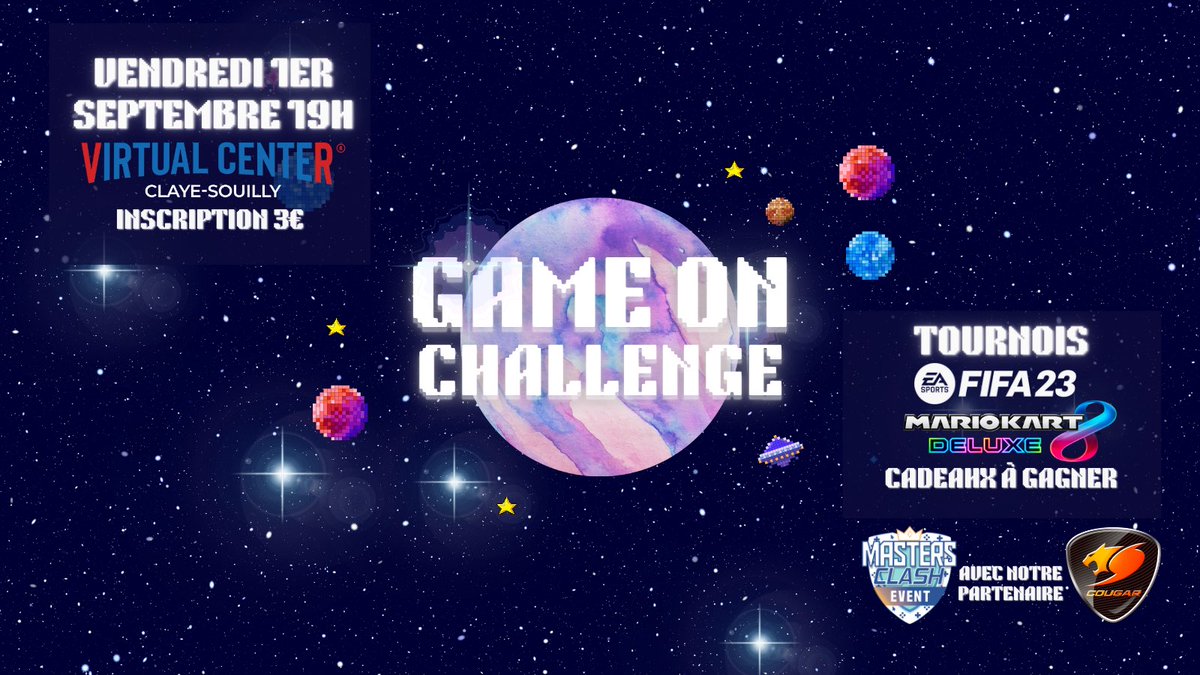 MastersClashEU's tweet photo. 🎮 Découvrez le #GameOnChallenge au @VC_ClayeSouilly ! 🏆 Montrez vos talents sur Mario Kart et FIFA lors d'un duel de champions. Prêt-e ?🔥 
#ÉvénementGaming

🗓️ Date : 1er septembre à 19h
🏢 Virtual Center Claye-Souilly (77)
💰 Inscription : 3€
🎁 Gifts @CougarGamingFr https://t.co/imp2sCARde