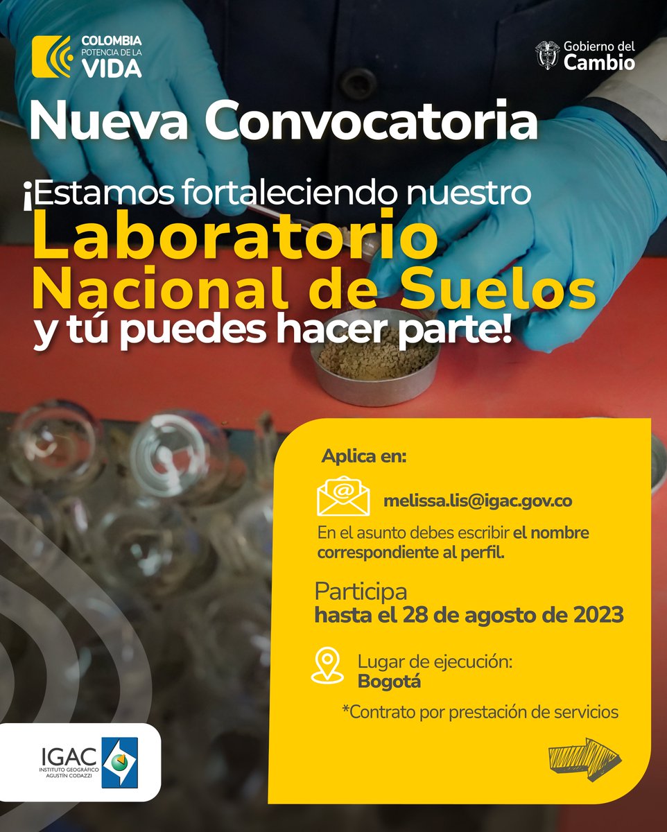 igacColombia's tweet photo. Puedes postularte hasta mañana en la convocatoria del Laboratorio Nacional de Suelos y ayúdanos en la misión de construir una #GeografíaParaLaVida.

Si es de tu interés, envía la 📝hoja de vida a melissa.lis@igac.gov.co (indica en el asunto el perfil al cuál quieres aplicar). https://t.co/up2mHAFSQ7
