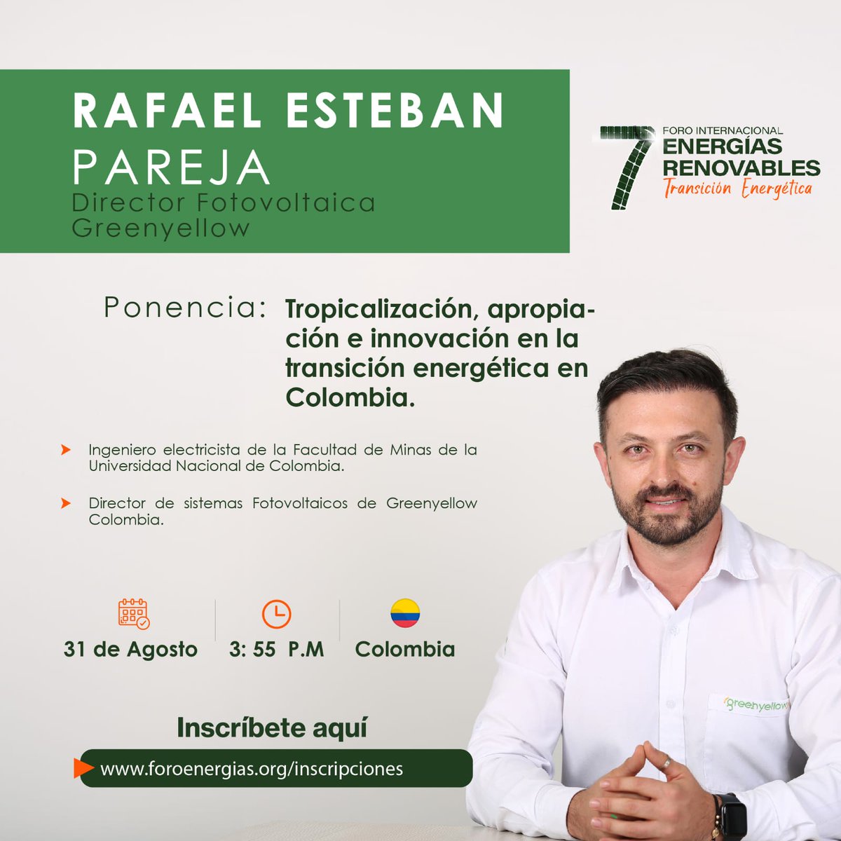 foroenergiar's tweet photo. No puedes perderte la ponencia de RAFEAEL ESTEBAN PAREJA, DIRECTOR  DE FOTOVOLTAICa @greenyellowco quien nos hablará de  "Tropicalización Apropiación e Innovación en la Transición Energética en Colombia "  el próximo 31 de Agosto en en el HOTEL GHL  de la ciudad de Montería 🍃 https://t.co/i62ljsUJgW