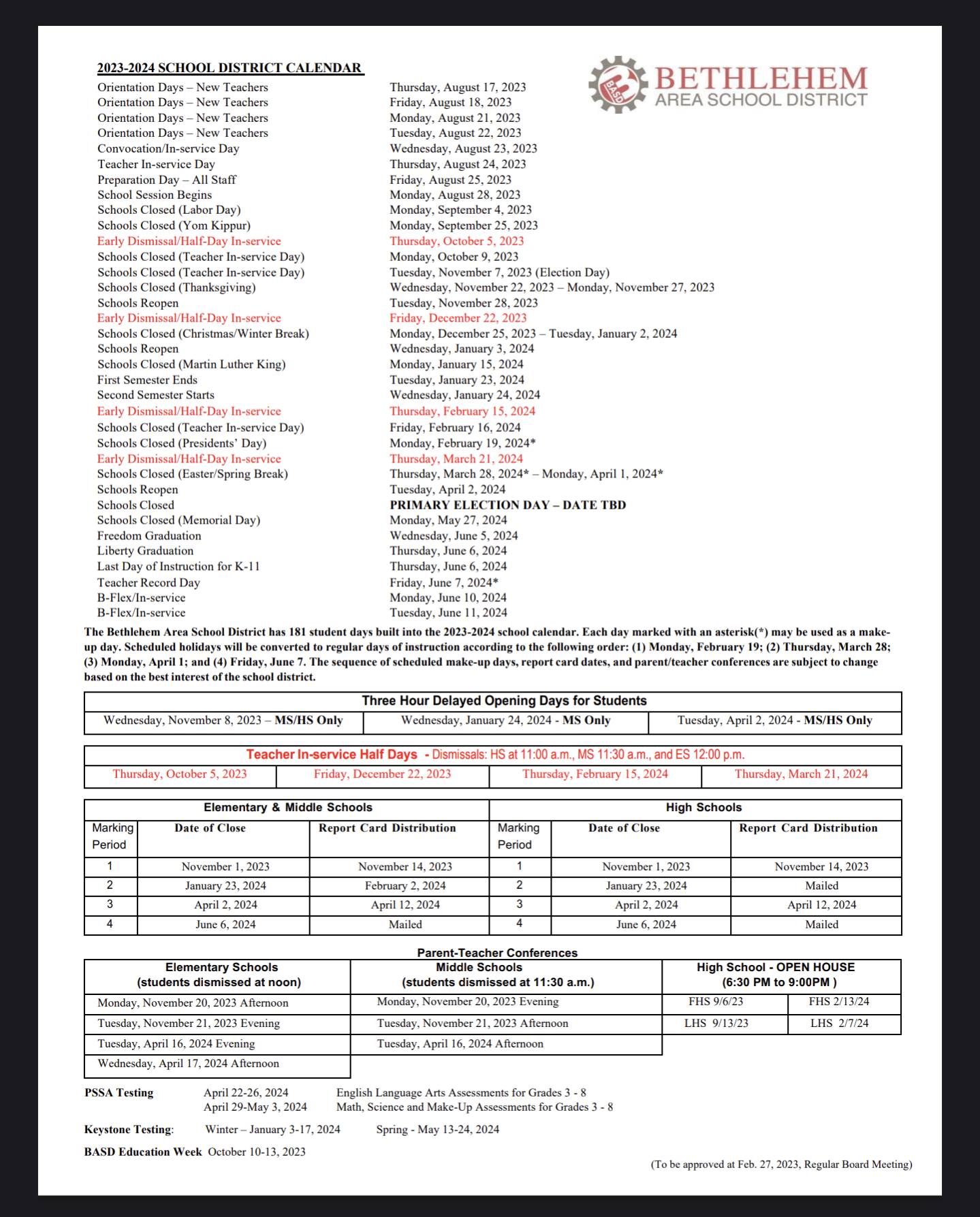 Bethlehem School District Calendar 2024 rana lorena