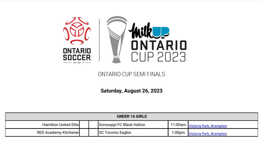 Ontario Cup 2023: SC Toronto U16 Girls play RED Academy in the Semi Finals. Matches will be held in Brampton at Victoria Park Stadium. Good luck to all the players, Coaches and supporters! <a href="/JonMondino/">Jon Mondino</a> <a href="/sctoronto2007g/">SC Toronto 2007G Eagles</a> <a href="/REDacadofsoccer/">RED Academy of Soccer</a> <a href="/HamutdElite/">Hamilton United</a> <a href="/FcScrosoppi/">ScrosoppiFC</a> <a href="/OntarioIsSoccer/">Ontario Soccer</a>