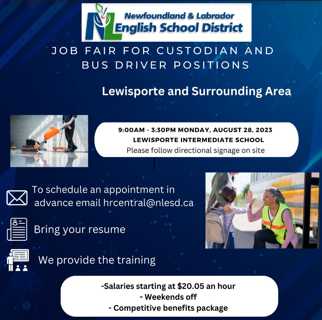 The NLESD will be hosting a job fair in LEWISPORTE at LEWISPORTE INTERMEDIATE SCHOOL for bus drivers and school custodians on Aug 28. Create a profile, upload your resume, and arrange a general interview ahead of time. bit.ly/47grvfo