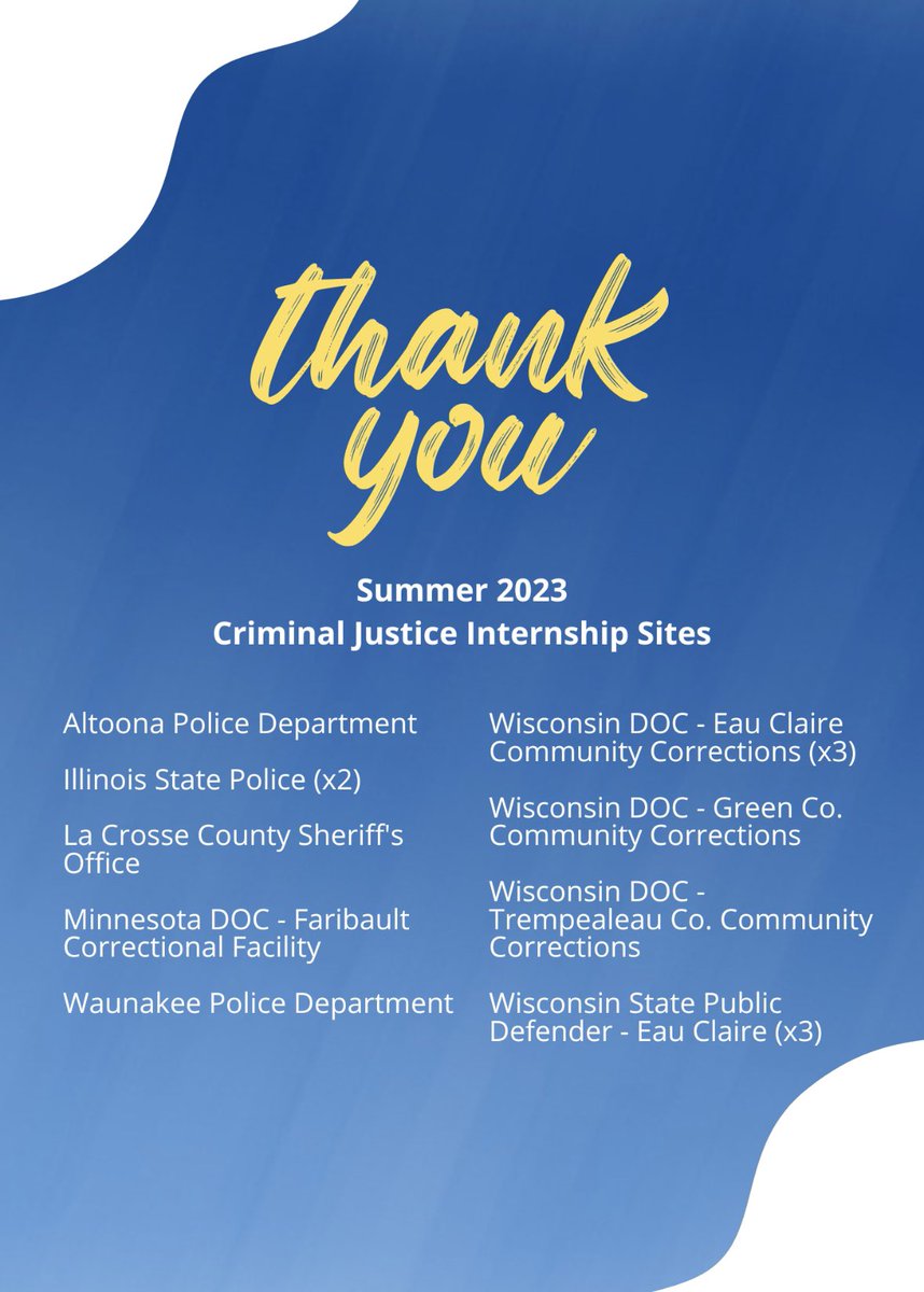 UWEC Criminal Justice (@uwec_crmj) on Twitter photo This summer, nine agencies throughout the criminal justice system provided internship opportunities for 14 <a href="/UWEC_CRMJ/">UWEC Criminal Justice</a> students.
We thank them and are grateful for the experiences they provided for <a href="/UWEauClaire/">UW-Eau Claire</a> students.
#UWEC #Blugolds #gratitude This summer, nine agencies throughout the criminal justice system provided internship opportunities for 14 <a href="/UWEC_CRMJ/">UWEC Criminal Justice</a> students.
We thank them and are grateful for the experiences they provided for <a href="/UWEauClaire/">UW-Eau Claire</a> students.
#UWEC #Blugolds #gratitude