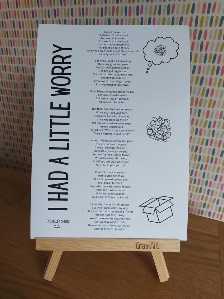 SSpiersAuthor's tweet photo. I have written a poem to highlight the importance of talking about our worries. Prints are available at the link below.
£1.50 from the sale of each print will be donated to support the work of @MentoringReach 
https://t.co/RlP3aK3f7E
#MentalHealthAwareness #edutwitterni https://t.co/IF6u9cr6a0