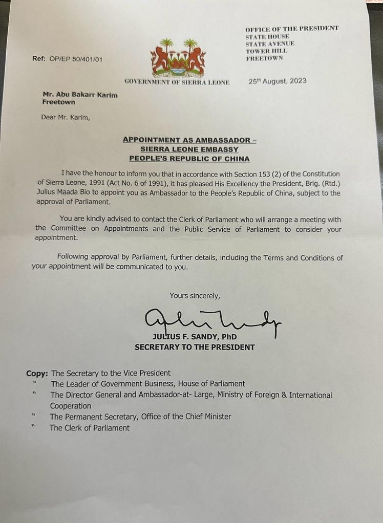 #SierraLeone appoints new Ambassador to #China #SaloneTwitter