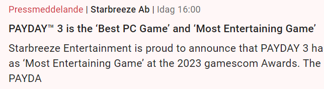 Volymen3's tweet photo. #PAYDAY 3 "BEST PC GAME" och "MOST ENTERTAINING GAME" på Gamescom Awards 2023

Nu smyger vi... 🚶‍♂️

$STARB https://t.co/uMfqNAp9xJ