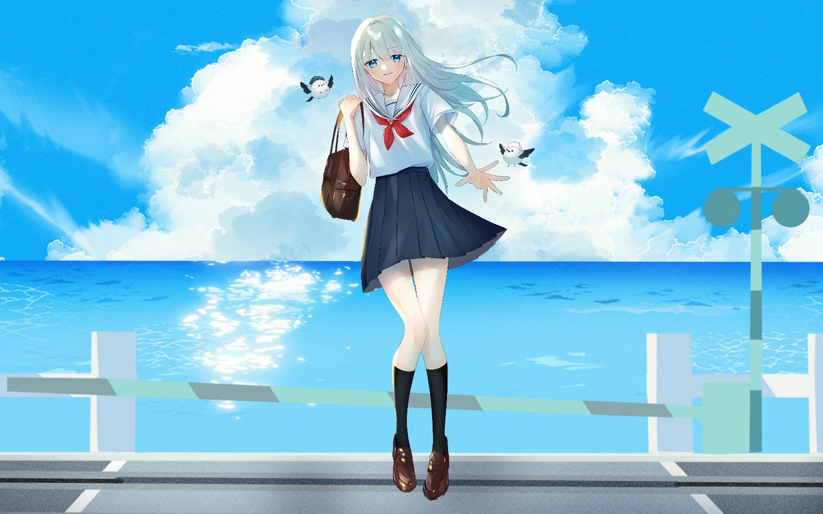 1girl skirt bird school uniform blue eyes solo long hair  illustration images