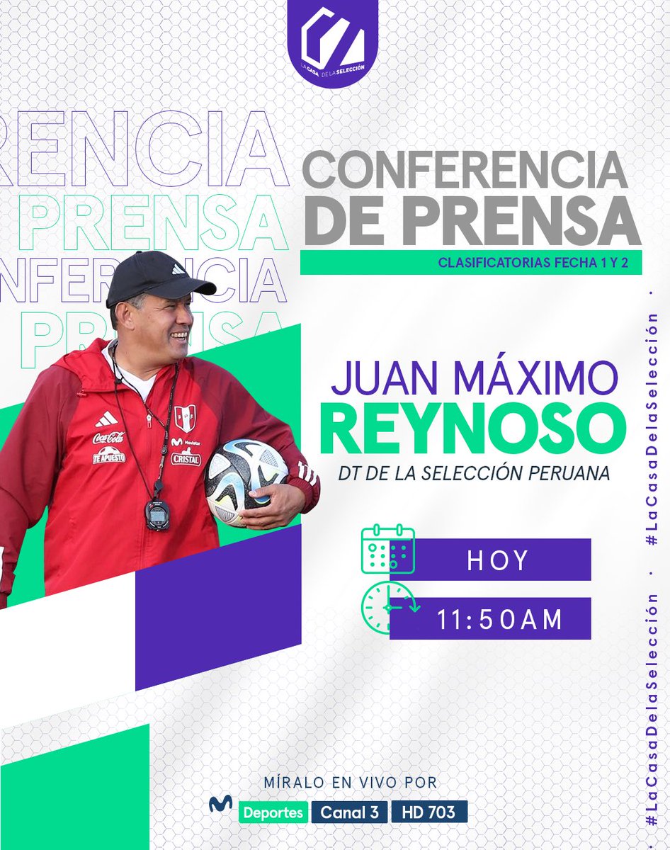 ¡Desde las 11:50 a.m. no te pierdas la conferencia de Juan Reynoso! 🇵🇪⚽️ El entrenador de la selección dará a conocer a los convocados para la primera fecha doble de las Clasificatorias rumbo al Mundial del 2026. 🤩 🖥️ 003 / 703 HD de Movistar TV #LaCasaDeLaSelección 🏠❤️