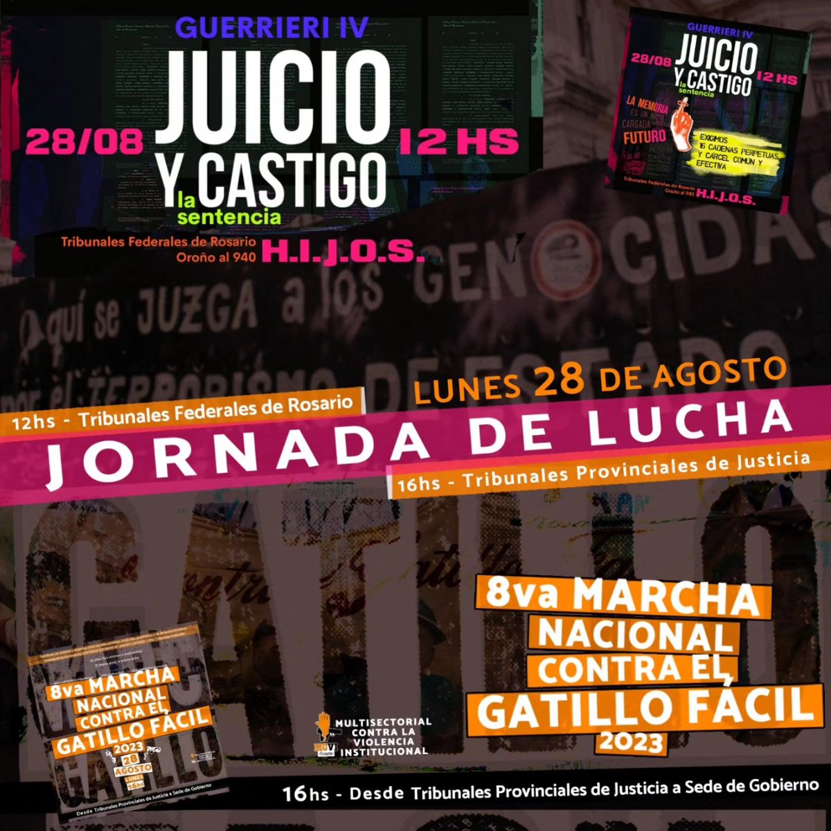 MultisectorialI's tweet photo. 🔴 JORNADA DE LUCHA  28/08

🟥 SENTENCIA GUERRIERI IV
👉 12hs - Tribunales Federales de Rosario 

🟥 8va MARCHA NACIONAL CONTRA EL GATILLO FÁCIL 
👉 16hs - Desde Tribunales Provinciales a Sede de Gobierno

🟠 40 años. Nos volvimos a revolucionar. El mismo amor, la misma lucha 👇 https://t.co/2uvP4bvAtM