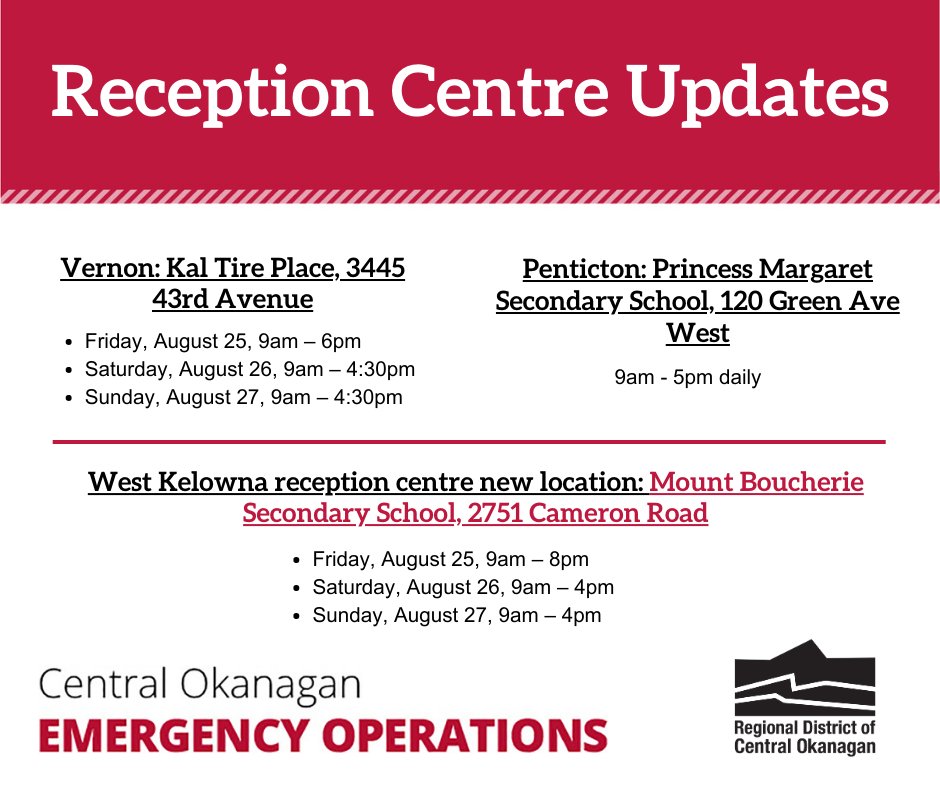 CO_Emerg's tweet image. Please note the updated operating hours of the 3 reception centres, as well as a change in location of the West Kelowna reception centre. As of Friday August 25, Royal LePage Place will be closed. Evacuees are asked to go to Mount Boucherie Secondary School.