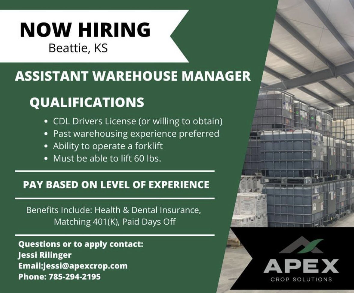 ApexCrop's tweet photo. Now hiring at our Beattie, KS location. See details below. https://t.co/ebrL1GcojT