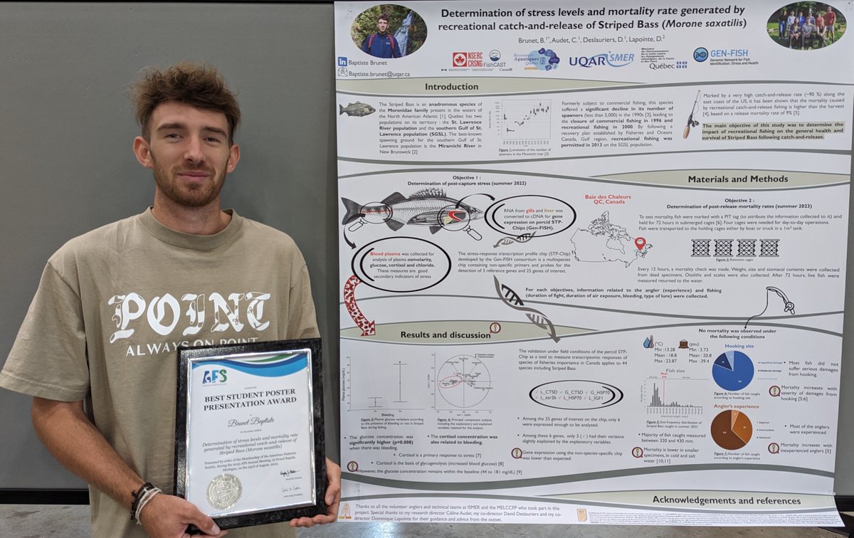 Félicitations à @baptiste_17b pour le prix de la meilleure présentation par affiche au 153e congrès de la <a href="/AmFisheriesSoc/">American Fisheries Society</a> qui se déroulait à Grand Rapids au Michigan.
@UQAR <a href="/FRQ_NT/">FRQ - secteur Nature et technologies</a>