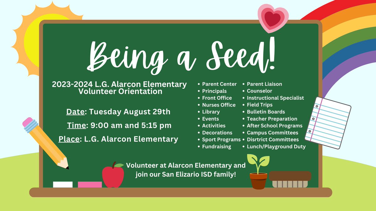 janetnatividad_'s tweet photo. Happy Friday Twitter! ☕️ Friendly reminder that we have our 2023-2024 Volunteer Orientation this coming Tuesday, August 29th at 9:00 am or 5:15 pm at @AlarconElem Join us and become part of our amazing @SanElizarioISD family! Los esperamos padres y familias🩷 #BeASeed #SEISD https://t.co/FTSC4yNcDz