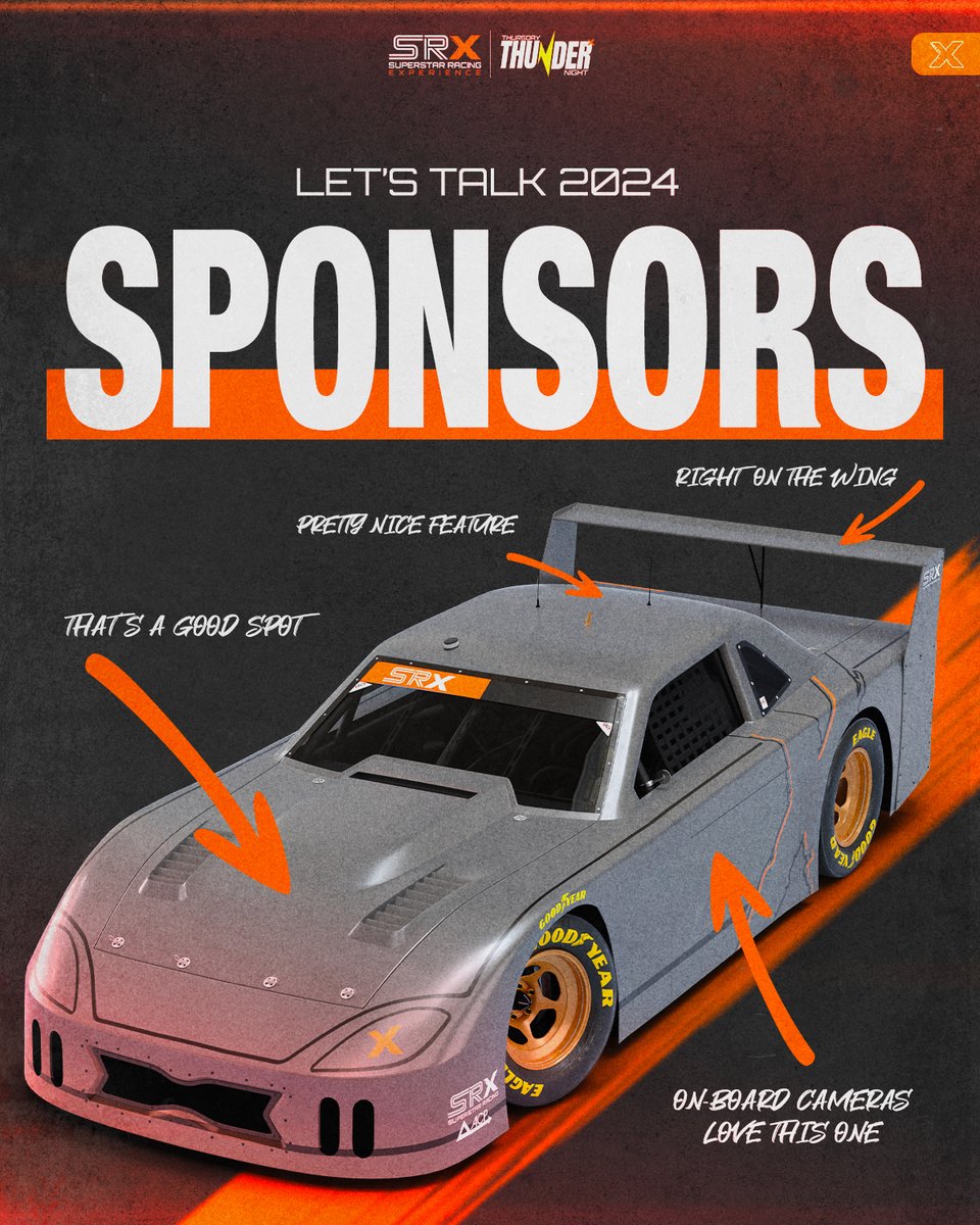 Track Suggestions -✅

Driver Suggestions -✅

Now, which sponsors and partners would you like to see join Thursday Night Thunder on @ESPN in 2024?

Suggest 'em. Tag 'em. Rinse and repeat.