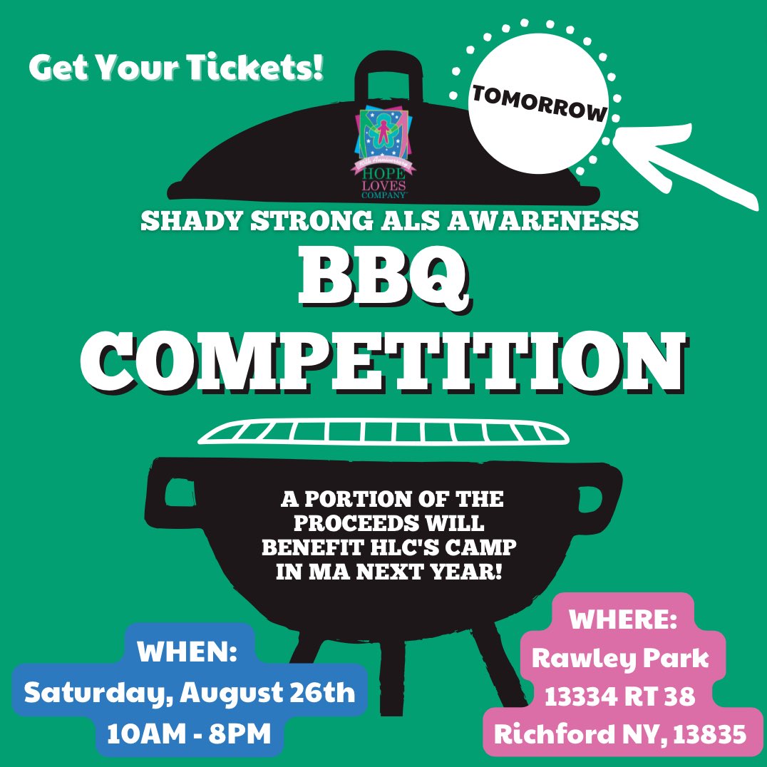 TOMORROW! Get your tickets NOW for @shady_strong’s BBQ Competition and Music Festival tomorrow! shadystrong.com/merchandise/p/… Help support HLC in the process as a portion of the proceeds will benefit us! Thank you @shady_strong! #CampHLCMA2024 #HLC10YearAnniversary #ALSAwareness