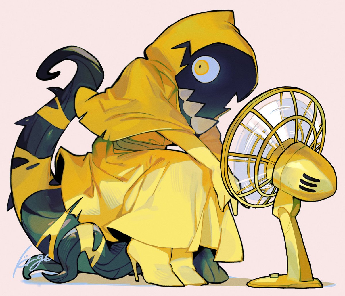 squatting hood hood up electric fan yellow footwear solo yellow eyes  illustration images