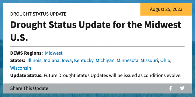 New #Drought Status Update for the #Midwest region was just released! Headline: Drought and low water levels likely to worsen with dry and hot forecast persisting into September Read more: drought.gov/drought-status… #MississippiRiver @DroughtGov