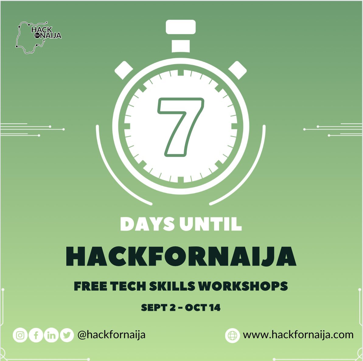 hackfornaija's tweet photo. 7 Days to go!

HackforNaija Free Tech Skills Workshops

Sept 2 - Oct 14

Follow the 6 weeks journey of our participants here! 

#hackfornaija
#Techskills
#Technology
#hack4naija
#techcareer 
#techcareerskills
#Volunteer https://t.co/NeeRARtO0E