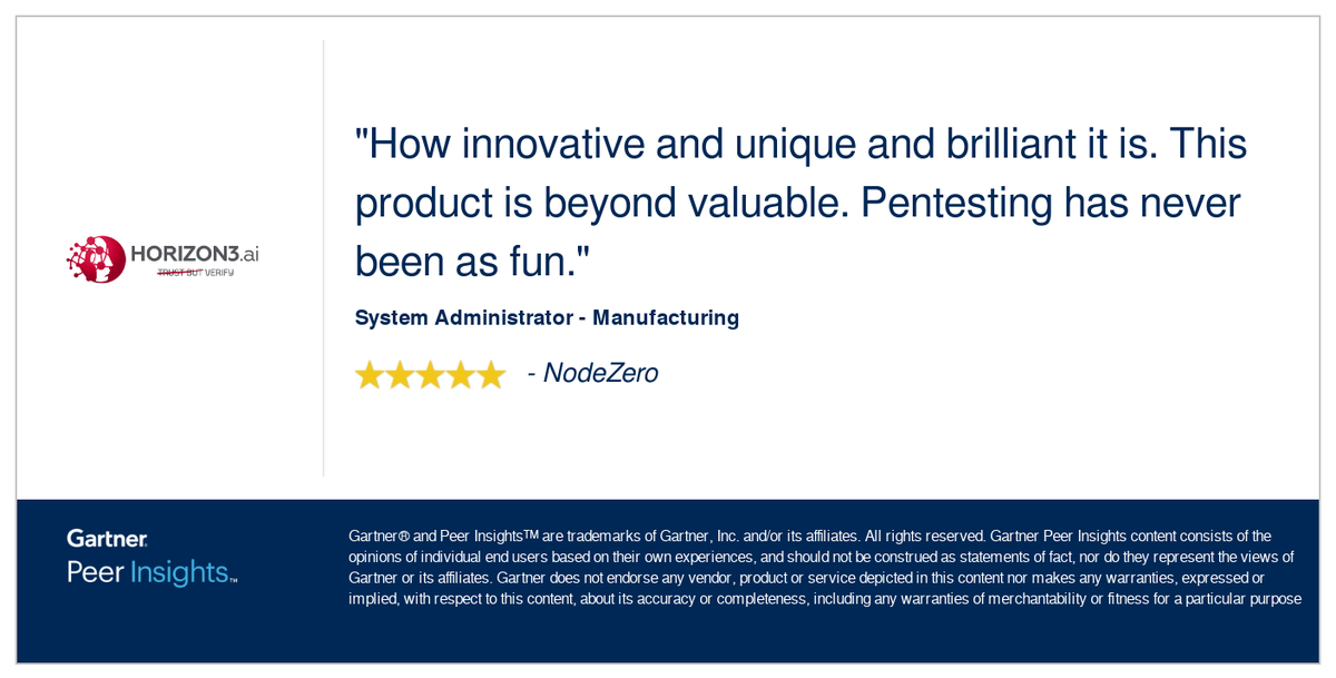 System  Administrator in the Manufacturing Industry gives #NodeZero 5/5 Rating in Gartner Peer Insights™ Security Solutions - Others Market. Read the full review here: gtnr.io/xwPwswsKZ #gartnerpeerinsights