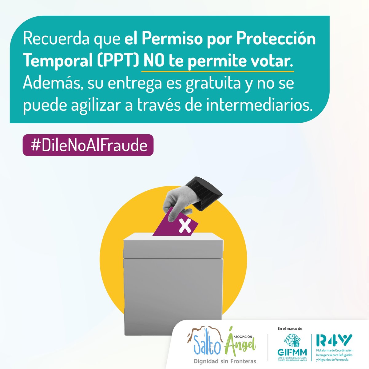 asangelcolombia's tweet photo. 🪰👀¡MOSCA!🔎Ni el Permiso por Protección Temporal #PPT ni el certificado #RUMV te permiten votar. El PPT es un documento solo para que permanezcas en Colombia en condiciones de regularidad.

Este es un mensaje de la Asociación Salto Ángel, en el marco del #GIFMM #DileNoAlFraude https://t.co/TDJFJW146u