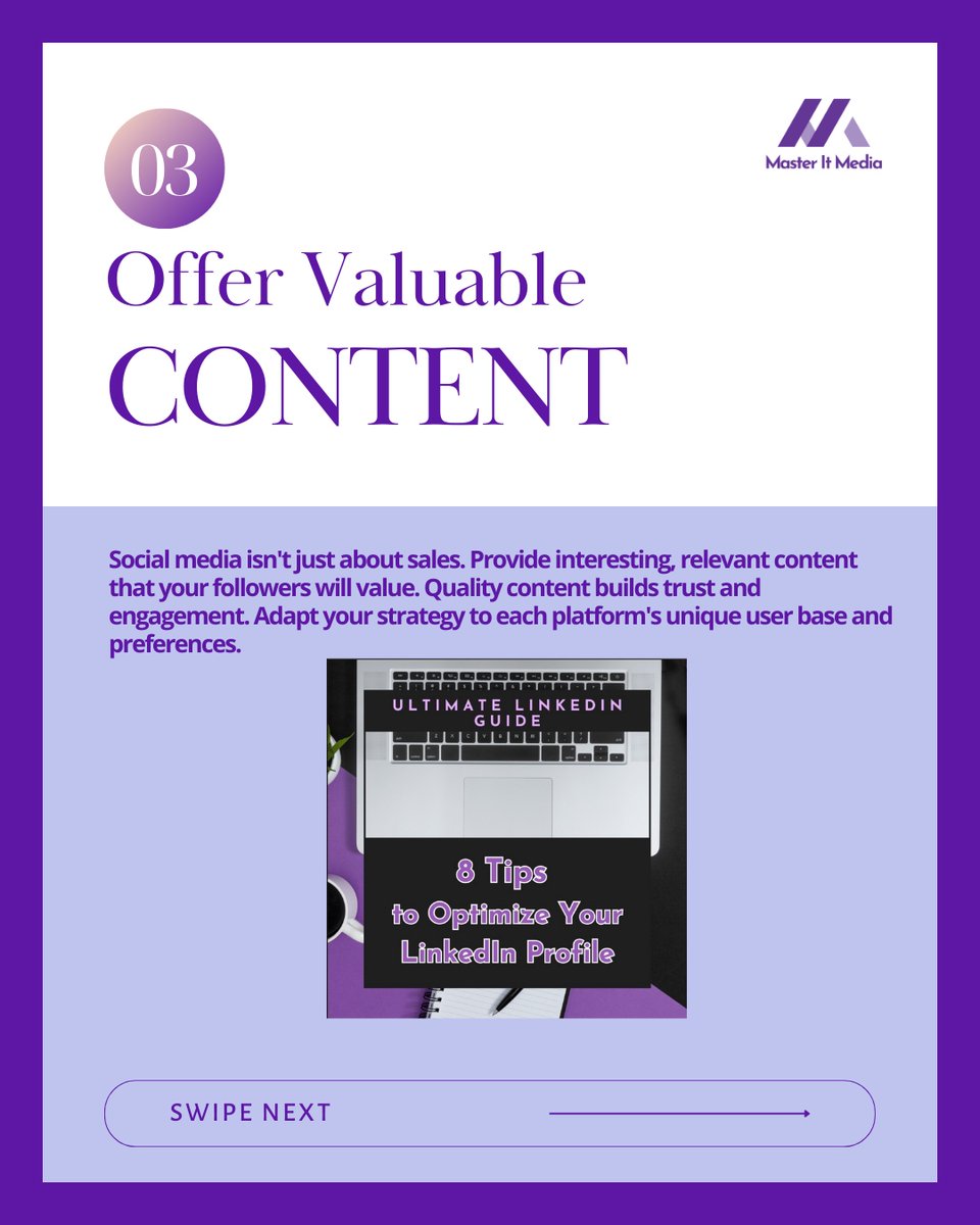 MasterItMedia's tweet image. Master Social Media for any Business📱🤩 
Swipe to Learn More! 
💜
🤩
👩‍💻
#MasterItMedia #SocialMediaTips #MarketingEssentials #EngagingContent #BrandAuthenticity #AlgorithmInsights