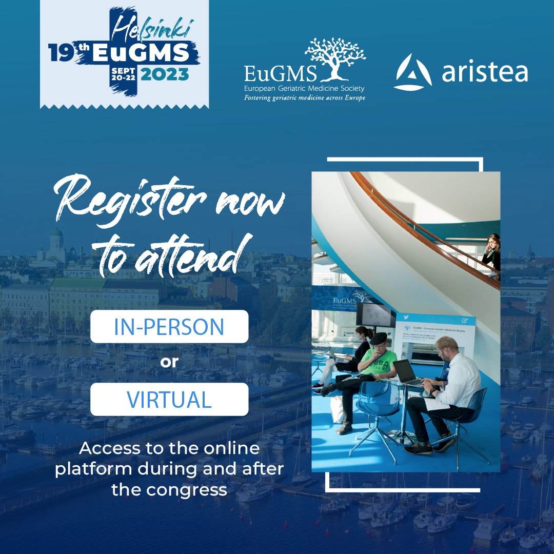 EuGMSSociety's tweet image. ⏱️ We’re less than 1 month away from the #EuGMS2023 Hybrid Congress! It’s not too late to make it to #helsinki 🇫🇮 We also have virtual options so you don’t miss out on this amazing program. Register now: bit.ly/3N1McT2 
#eugmshelsinki2023 #healthyaging @AristeaGroup
