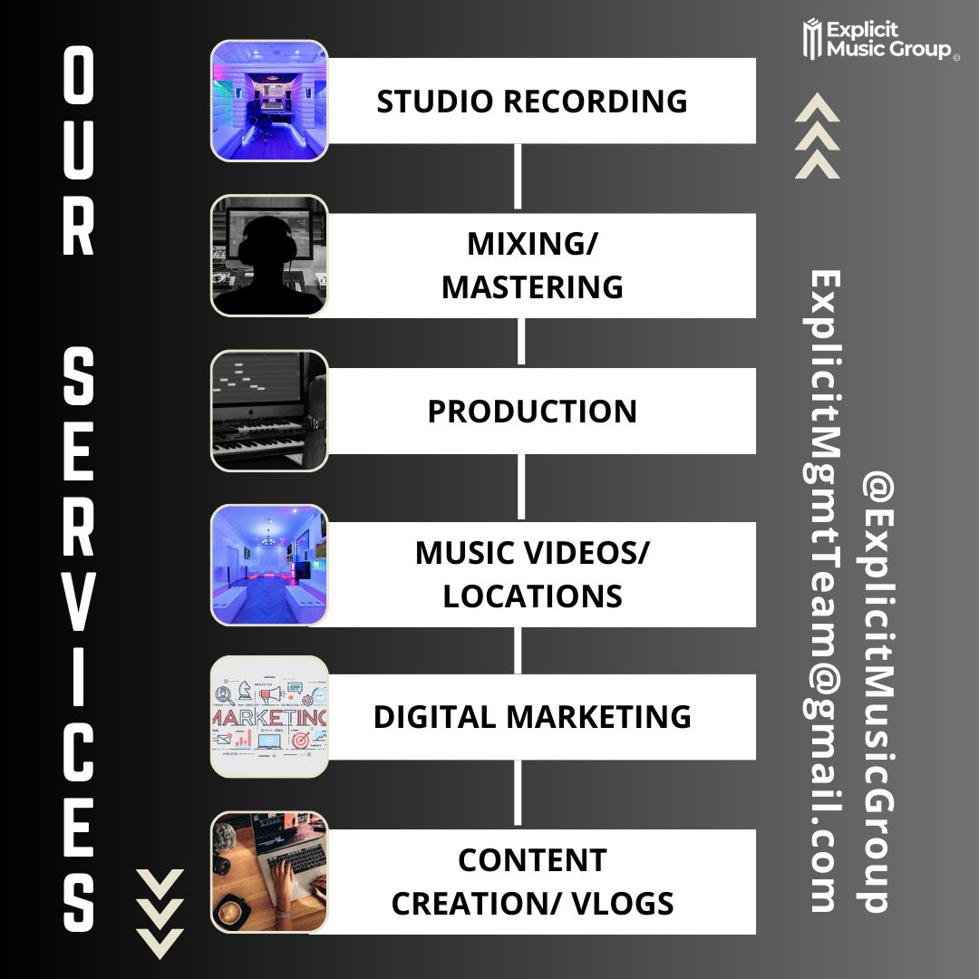 Services provided by us at @ExplicitMG !! 

Feel free to message us about inquiries or details. 

#MusicServices #Studiorecording #Mixing #Mastering #Music #Production #Musicvideos #Digitalmarketing #Explore