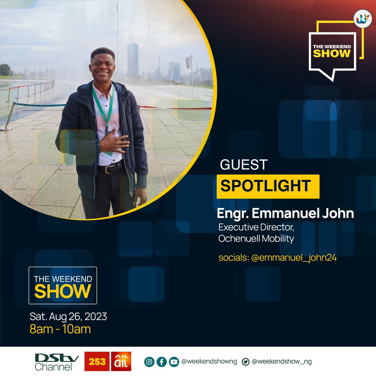 John Emmanuel (@emmanuel_john24) on Twitter photo I will be on Africa Independence Television <a href="/AIT_Online/">Africa Independent Television</a> Live on Saturday Weekend Show to discuss the transport system of Abuja with our upcoming #OpenStreetsAbuj event in the spotlight from 8am WAT. Stay tuned. <a href="/ochenuel/">Ochenuel Mobility</a> <a href="/SUMCourseAbuja/">SUMCourse Africa</a> I will be on Africa Independence Television <a href="/AIT_Online/">Africa Independent Television</a> Live on Saturday Weekend Show to discuss the transport system of Abuja with our upcoming #OpenStreetsAbuj event in the spotlight from 8am WAT. Stay tuned. <a href="/ochenuel/">Ochenuel Mobility</a> <a href="/SUMCourseAbuja/">SUMCourse Africa</a>