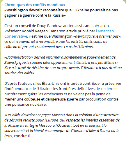 EmilieDefresne's tweet photo. «#Washington devrait dire que l’#Ukraine ne va pas gagner sa guerre»
Selon #Bandow ex-assistant de #Reagan.
Il estime que «les intérêts des #USA ne sont pas ceux de l’🇺🇦& avertir #Zelensky que le soutien allié a pris fin. Il faut réintégrer #Moscou à l’#Occident.» https://t.co/McBEDCxzIt