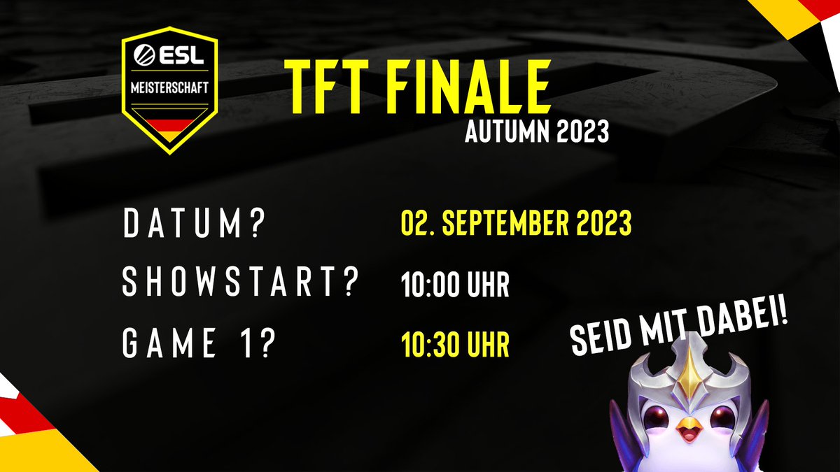 Das <a href="/ESLGermany/">ESL Germany</a> TFT Autumn Finale findet diesmal online statt!

Wie wäre es also mit einem Brunch im Twitch-Chat 👀? Wir erwarten eure Fanrufe, spannende Matches, warme Brötchen und jede Menge Heiß-/Kaltgetränke 🤩